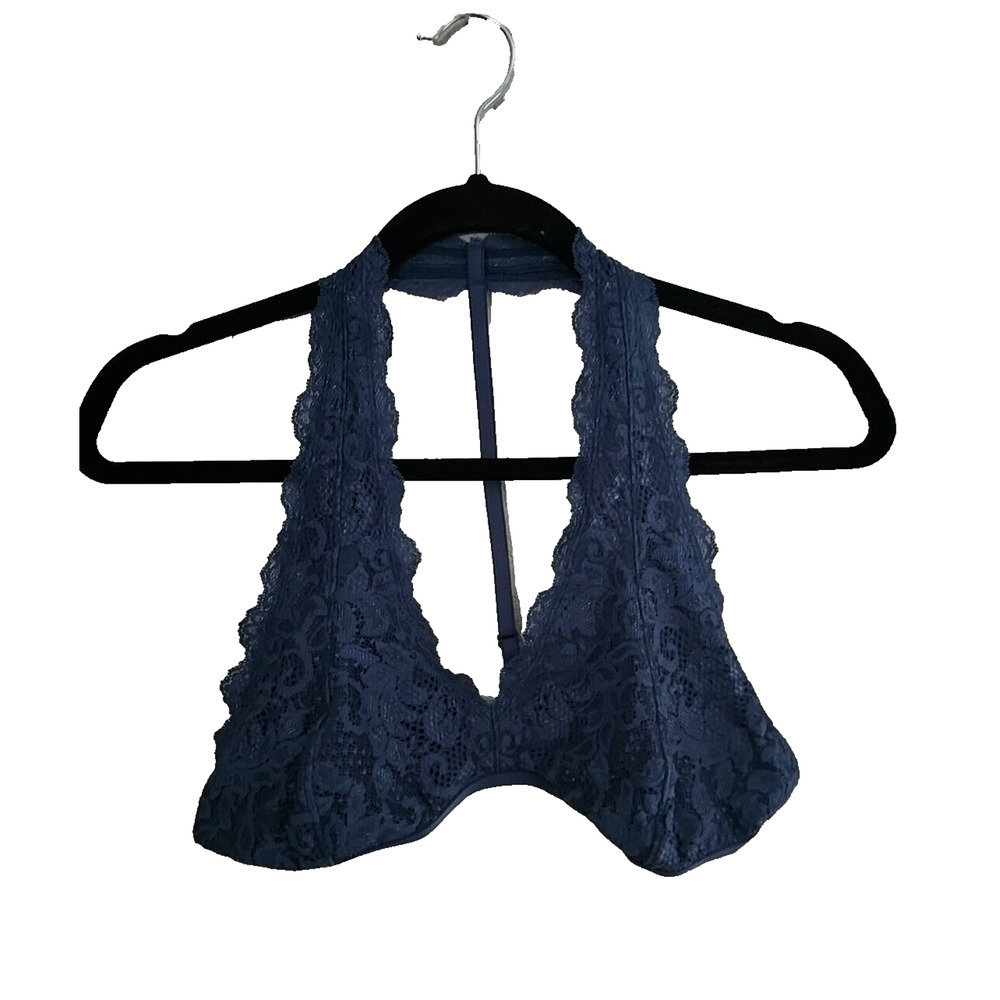 Express One Eleven Blue Floral lace Overlay Halter Wire Free Bralette Size Large